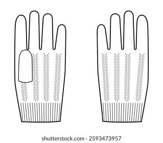 Knit Wool Gloves Short length Fashion hand accessory clothing technical illustration garment. Vector front palm back view for Men women, unisex style flat template CAD mockup sketch outline
