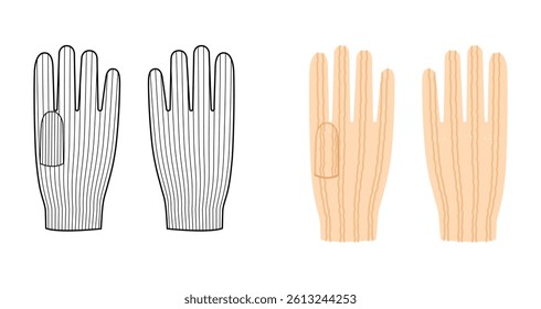 Knit Wool Gloves Short length beige cartoon and flat sketch outline Fashion hand accessory clothing technical illustration garment. Vector front palm back view for Men women, unisex style template CAD