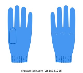 Knit Wool Gloves Short length blue cartoon Fashion hand accessory clothing technical illustration garment. Vector front palm back view for Men women, unisex style flat template mockup sketch outline