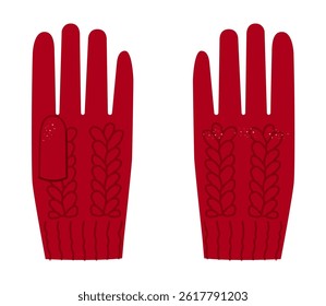 Knit Wool Gloves Short length red cartoon Fashion hand accessory clothing technical illustration garment. Vector front palm back view for Men women unisex style flat template CAD mockup sketch outline