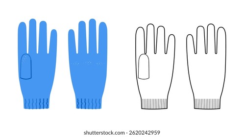 Knit Wool Gloves Short length blue cartoon and flat sketch outline Fashion hand accessory clothing technical illustration garment. Vector front palm back view for Men women, unisex style template CAD