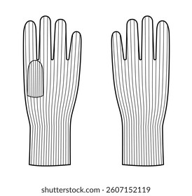 Knit Wool Gloves Wrist length Fashion hand accessory clothing technical illustration garment. Vector front palm back view for Men women unisex style flat template CAD mockup sketch on white background