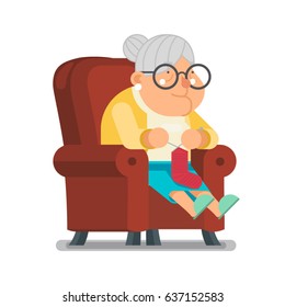 Knit Wool Sock for Grandchildren Sit Rest Granny Old Lady Character Cartoon Flat Design Vector illustration