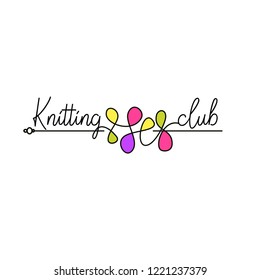 Knit workshop, creative course, master class, club vector template logo, badge, sign, label. All for knitting. Freehand drawn line concept knitting accessories.