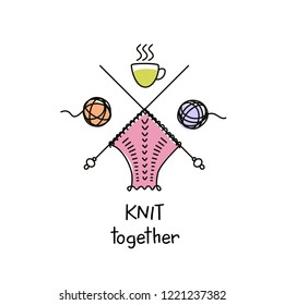 Knit workshop, creative course, master class vector template logo, badge, sign, label.Text knit together. Freehand drawn line concept knitting accessories, cup tea and wool ball on white background.