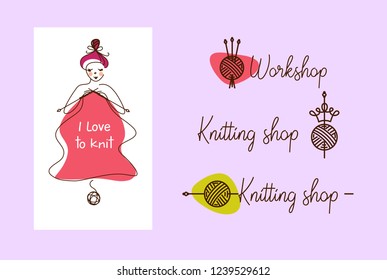 Knit workshop, creative course, master class vector template poster, banner, flyer. All for knitting. Freehand drawn line concept knitting accessories, wool clew with crown.