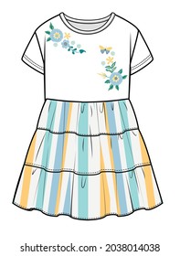 KNIT AND WOVEN STRIPE DRESS WITH THREAD EMBROIDERY DETAIL DESIGNED FOR KID GIRLS AND TEEN GIRLS VECTOR ILLUSTRATION