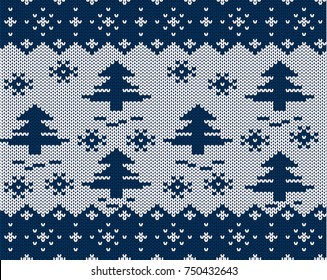 Knit xmas geometric ornament with christmas trees and falling snowflakes. Holiday seamless pattern. Knitted winter blue and white color sweater texture. Vector illustration.