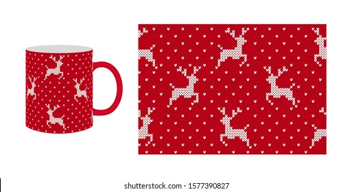 Knit Xmas pattern. Red border print . Vector. Knitted sweater texture for cup, dishes, crockery design. Christmas fair isle frame with deer, snow. Holiday winter background. Wool illustration