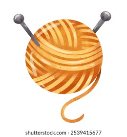 Knit yarn ball and needle vector illustration, wool yarn and knitting needles clip art, hand drawn watercolor painting style