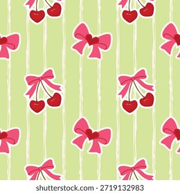 Arcos de punto y cerezas en forma de corazón sin patrón. Arcos de colores rosados, frutas rojas sobre fondo verde claro. Impresión romántica femenina en tela y papel. Diseño de Vector para el día de San Valentín, eventos de boda.
