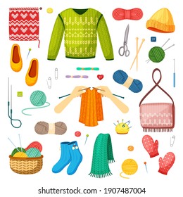 Knits and knitting set. Handicrafts green sweater with red mittens woolen threads knitting needles warm blue socks with decorative beginning of cap natural knitted jersey. Cartoon vector.