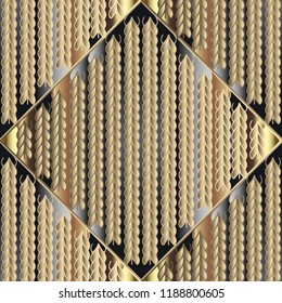Knitted 3d gold seamless pattern. Ornamental knitting textured background. Modern geometric braided ornaments with patterned knits. Surface decorative texture. Ornate design for fabric, wallpapers