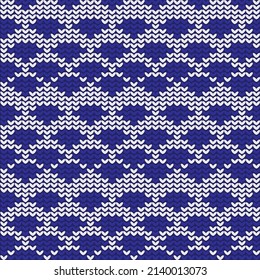 Knitted abstract pattern, from arches, triangles. Openwork pattern white on a blue background. For sweater, fabric, design, decoration
