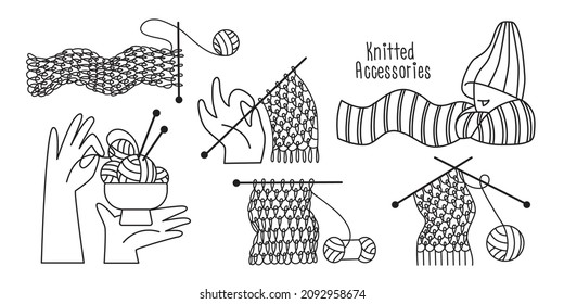 Knitted accessories, knitting patterns, knitted fabric, scarf, hat. Vector icons, logos, icons, design elements.