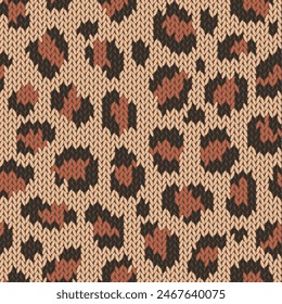 Nahtloses Muster der gestrickten Tierhaut. Hintergrund der Vektorgrafik-Stoffimitierung. Flachstil-Strick-Bildschirmhintergrund mit Leoparden-Print. Nettes Design für Geschenkverpackung, Papier, Textil