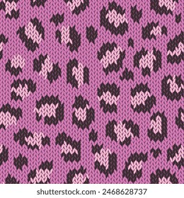 Knitted animal skin seamless pattern. Fabric imitation vector background. Flat style knit wallpaper with leopard print. Cute design for gift wrap, paper, textile