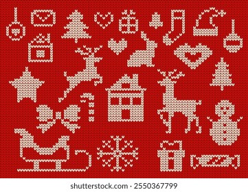 Knitted animals and objects for Christmas holiday vector illustrations set on red background. Happy New Year symbols elements collection