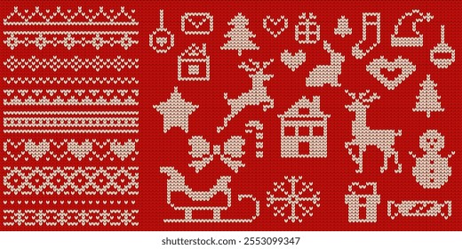 Knitted animals and patterns for Christmas sweaters vector illustrations set on red background. Festive symbols for New Year celebration collection