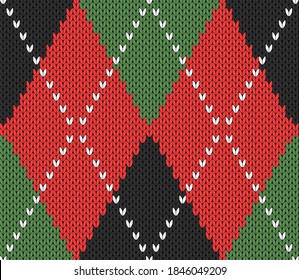 Knitted argyle Christmas and new year pattern. Wool knitinng. Scottish plaid in red, black and green rhombuses. Traditional  background of diamonds. Seamless fabric texture. Vector illustration