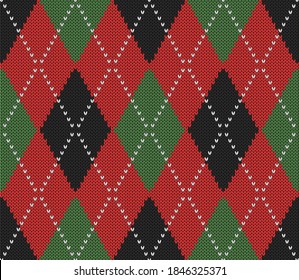 Knitted argyle Christmas and new year pattern. Wool knitinng. Scottish plaid in red, black and green rhombuses. Traditional  background of diamonds. Seamless fabric texture. Vector illustration