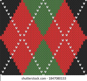 Knitted argyle Christmas and new year pattern. Wool knitinng. Scottish plaid in red, black and green rhombuses. Traditional  background of diamonds. Seamless fabric texture. Vector illustration