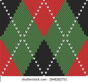 Knitted argyle Christmas and new year pattern. Wool knitinng. Scottish plaid in red, black and green rhombuses. Traditional  background of diamonds. Seamless fabric texture. Vector illustration
