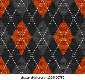 Patrón de Halloween con estilo de piel de punto. Tejido de lana. Fundas escocesas en rombos naranja, negro y gris. Antecedentes tradicionales escoceses de diamantes. Textura de tela sin fisuras. Ilustración del vector
