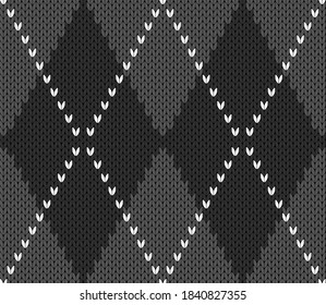 Knitted argyle Halloween pattern. Wool knitinng. Scottish plaid in gray and black rhombuses. Traditional  Scottish background of diamonds . Seamless fabric texture. Vector illustration