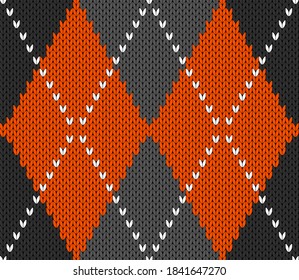 Patrón de Halloween con estilo de piel de punto. Tejido de lana. Fundas escocesas en rombos naranja, negro y gris. Antecedentes tradicionales escoceses de diamantes. Textura de tela sin fisuras. Ilustración del vector