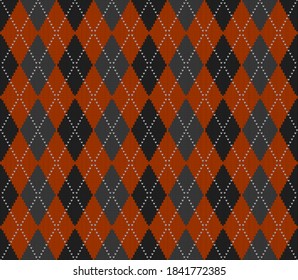 Knitted argyle Halloween pattern. Wool knitinng. Scottish plaid in orange, black and grey rhombuses. Traditional  Scottish background of diamonds . Seamless fabric texture. Vector illustration