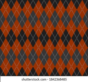 Patrón de Halloween con estilo de piel de punto. Tejido de lana. Fundas escocesas en rombos naranja, negro y gris. Antecedentes tradicionales escoceses de diamantes. Textura de tela sin fisuras. Ilustración del vector