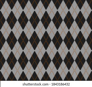 Knitted argyle Halloween pattern. Wool knitinng. Scottish plaid in black and white rhombuses. Traditional  Scottish background of diamonds . Seamless fabric texture. Vector illustration