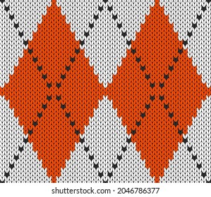 Knitted argyle Halloween pattern. Wool knitinng. Scottish plaid in orange, black and white rhombuses. Traditional  Scottish background of diamonds . Seamless fabric texture. Vector illustration