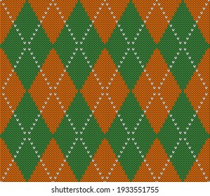 Knitted argyle St. Patricks day pattern. Wool knitinng. Scottish plaid in green and orange rhombuses. Traditional  background of diamonds. Seamless fabric texture. Vector illustration