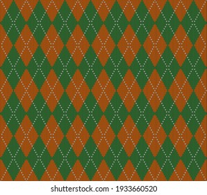 Knitted argyle St. Patricks day pattern. Wool knitinng. Scottish plaid in green and orange rhombuses. Traditional  background of diamonds. Seamless fabric texture. Vector illustration