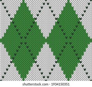 Knitted argyle St. Patricks day pattern. Wool knitinng. Scottish plaid in green and white rhombuses. Traditional  background of diamonds. Seamless fabric texture. Vector illustration