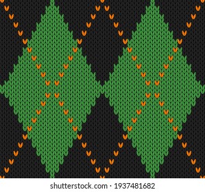 Knitted argyle St. Patricks day pattern. Wool knitinng. Scottish plaid in green and black rhombuses. Traditional  background of diamonds. Seamless fabric texture. Vector illustration