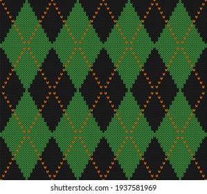 Knitted argyle St. Patricks day pattern. Wool knitinng. Scottish plaid in green and black rhombuses. Traditional  background of diamonds. Seamless fabric texture. Vector illustration