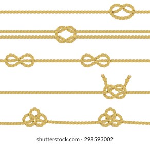 Knitted and associated twisted ropes twines with nodes realistic color decorative border set isolated vector illustration