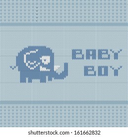 knitted baby boy shower announcement card, illustration in vector format