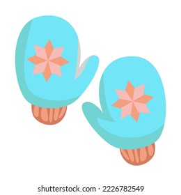 Knitted baby mittens isolated on white background. Hobby, handmade, clothing concept. Cute colorful knitting symbol. Cartoon vector illustration.
