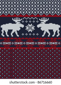 Knitted background with Christmas deers and snowflake