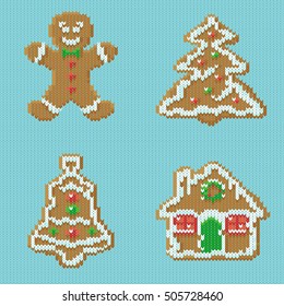 Knitted background with a Christmas gingerbread. Vector Christmas sweets. Gingerbread Man.
