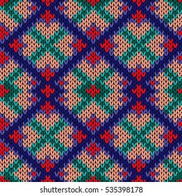 Knitted background with colorful rhombus ornament in red, beige, blue and turquoise hues, seamless knitting vector pattern as a fabric texture