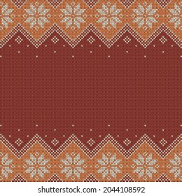 Knitted background with copyspace. Brown and beige sweater pattern for autumn or winter design. Traditional scandinavian border ornaments and place for text. Vector illustration.