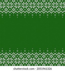 Knitted background with copyspace. Green and white sweater pattern for Christmas, New Year or winter design. Traditional scandinavian border ornament and place for text. Vector illustration.