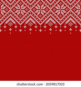 Knitted background with copyspace. Red and white sweater pattern for Christmas, New Year or winter design. Scandinavian border ornament and place for text. Vector illustration.