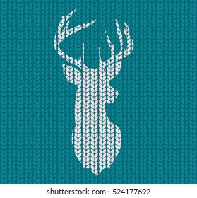 Knitted background and head deer silhouette or reindeer. Vector illustration.