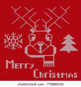 Knitted background and head deer silhouette or reindeer. Vector illustration.